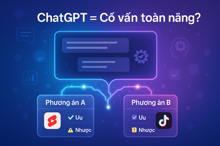 Minh họa ChatGPT hỗ trợ ra quyết định kinh doanh với khung chat so sánh ưu/nhược giữa hai phương án